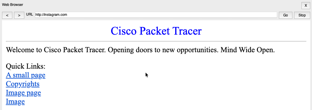 Packet Tracer web browser showing the Cisco Packet Tracer test page at http://instagram.com.