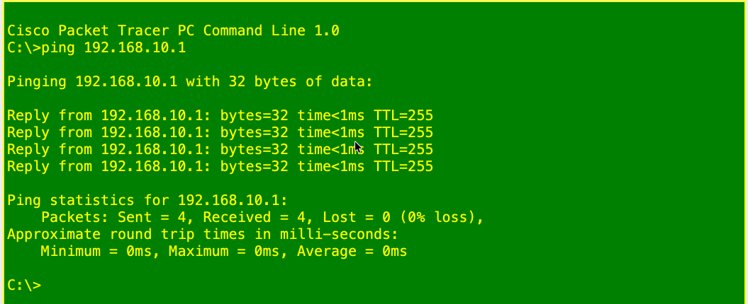 PC1 command prompt showing four replies from 192.168.10.1 with TTL 255.