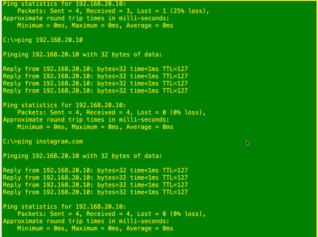 PC1 command prompt: ping 192.168.20.10 and ping instagram.com both get four replies from 192.168.20.10.