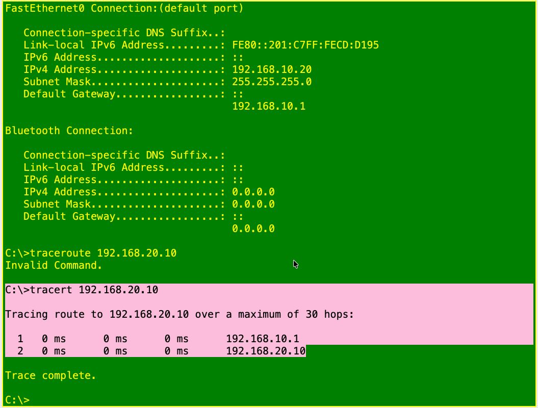 PC1 command prompt showing ipconfig output, an Invalid Command for traceroute, and a completed tracert with two hops.