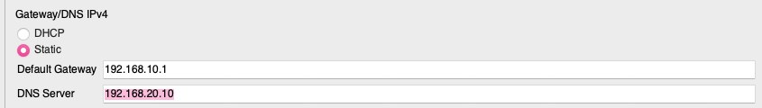 PC1 Config tab showing default gateway 192.168.10.1 and DNS server 192.168.20.10.