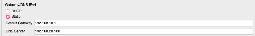 PC1 Config tab showing default gateway 192.168.10.1 and DNS server 192.168.20.100.